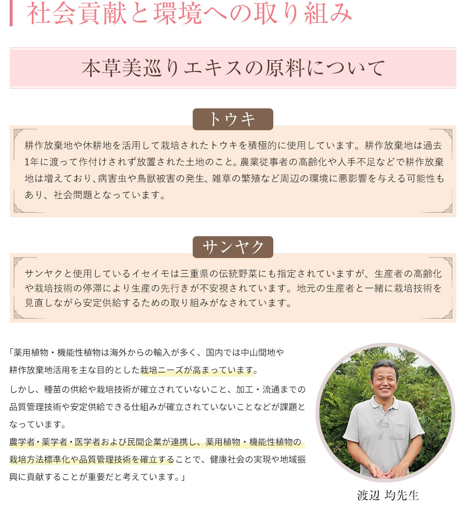 社会貢献と環境への取り組み 本草美巡りエキスの原料について